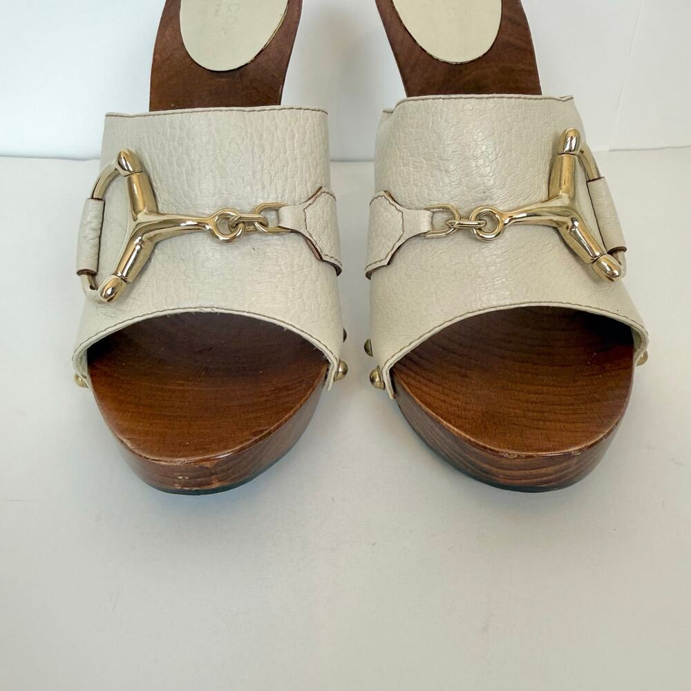 Gucci Leather Horsebit Wooden Clog Heels Sandal in Cream Off-White 7B - Picture 5 of 14